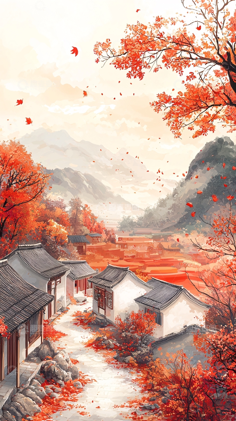高清大图下载【趣麦麦图】秋日山村红叶如火