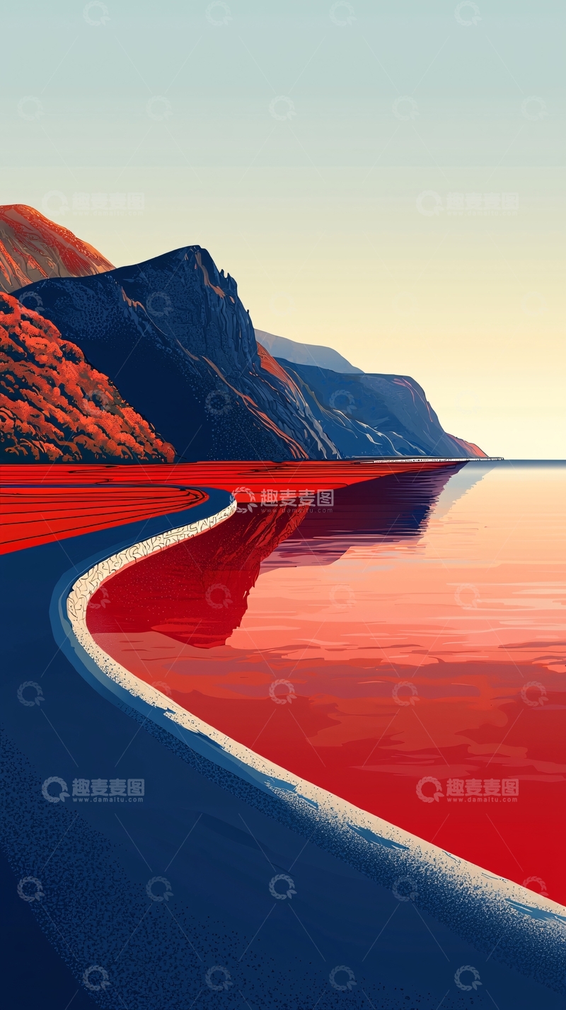 高清大图下载【趣麦麦图】红色湖泊边的道路