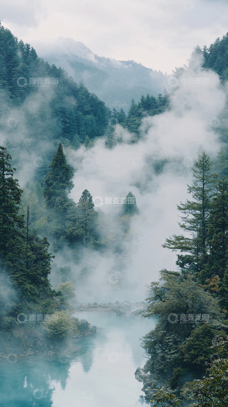 高清大图下载【趣麦麦图】雾气缭绕的山谷河流