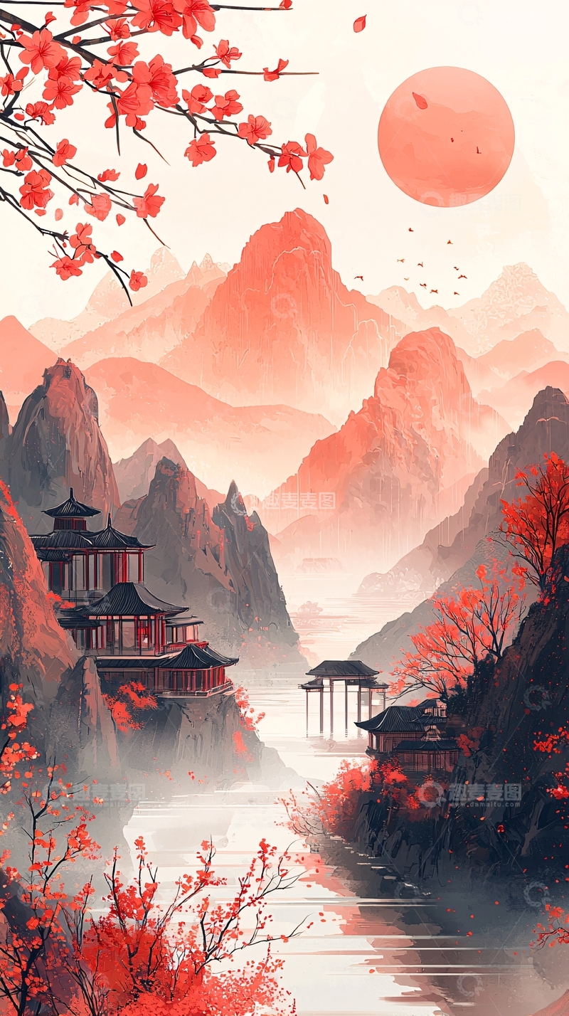 高清大图下载【趣麦麦图】红色调国风山水