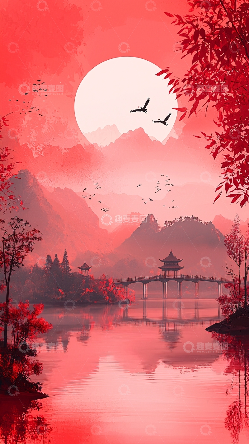 高清大图下载【趣麦麦图】红霞映照下的山水画