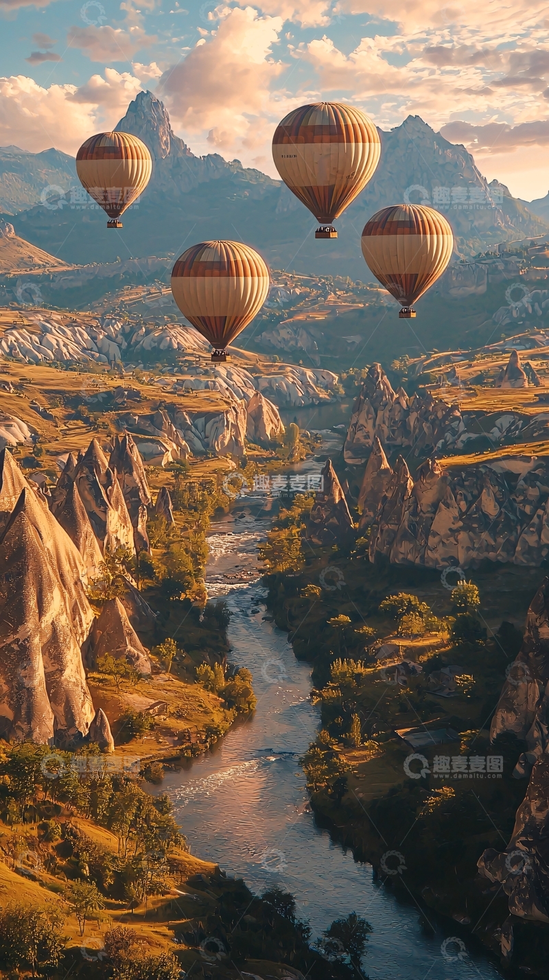 高清大图下载【趣麦麦图】热气球飞跃峡谷山脉