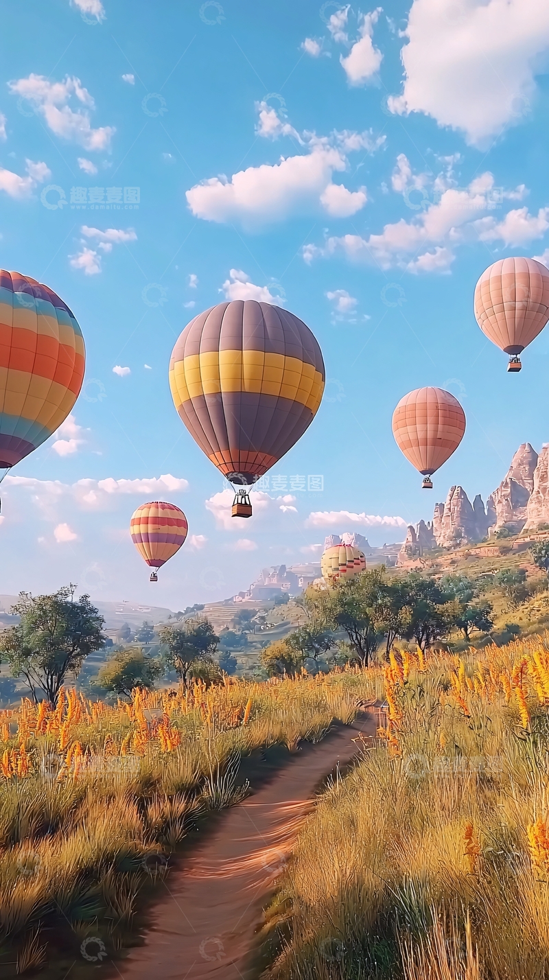 高清大图下载【趣麦麦图】热气球飞跃山谷