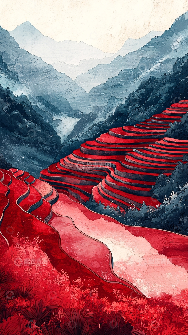 高清大图下载【趣麦麦图】红色梯田山水画