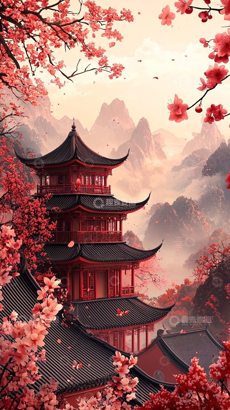 高清大图下载【趣麦麦图】唯美樱花红楼山景