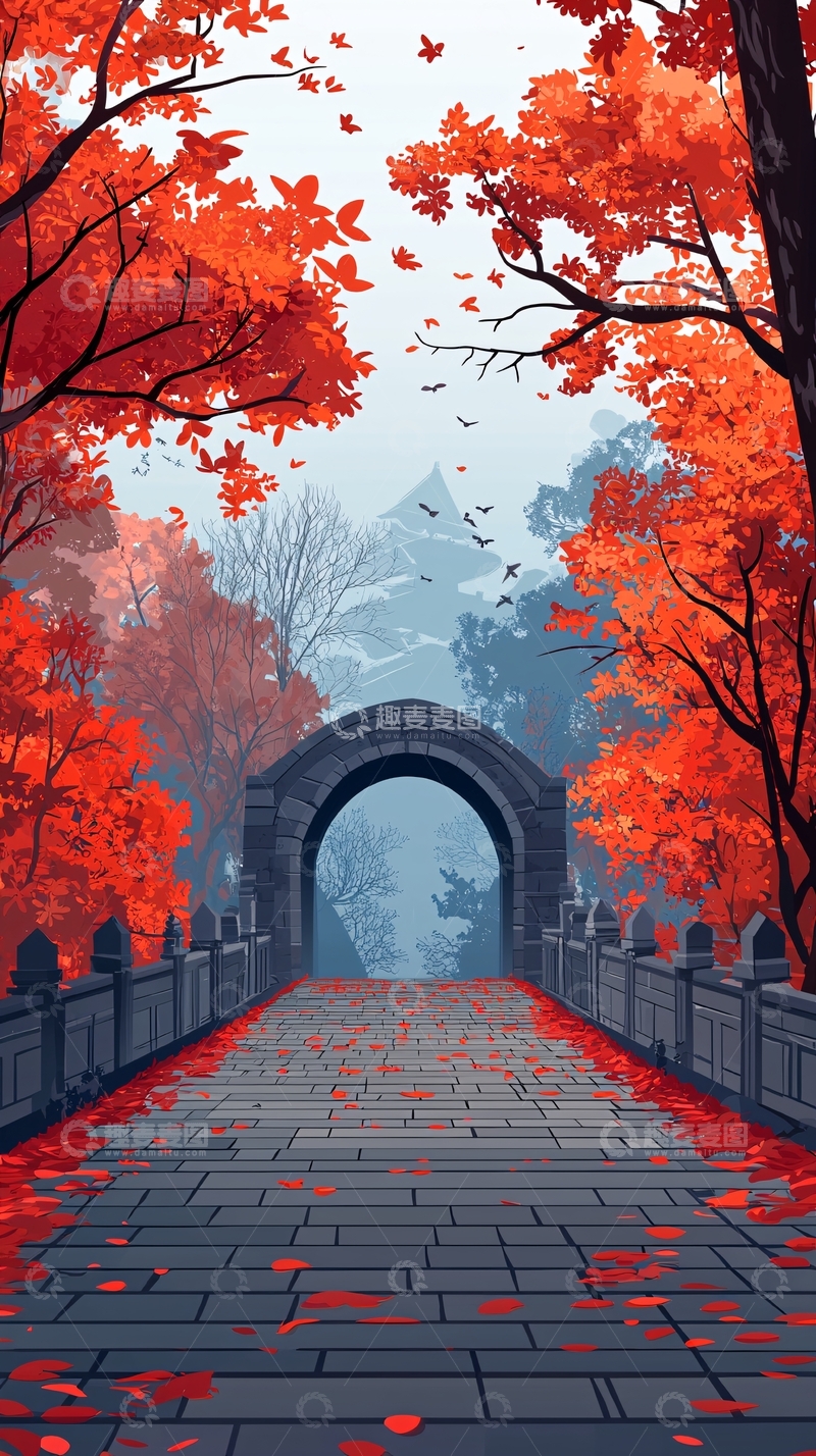 高清大图下载【趣麦麦图】秋日红叶拱门小路