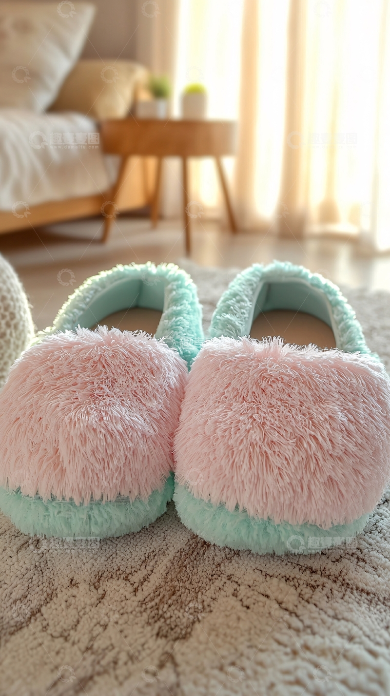 高清大图下载【趣麦麦图】-粉色绿色毛绒拖鞋