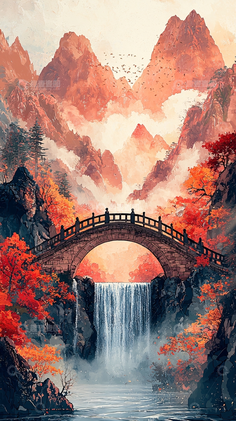 高清大图下载【趣麦麦图】水墨风山水桥梁瀑布
