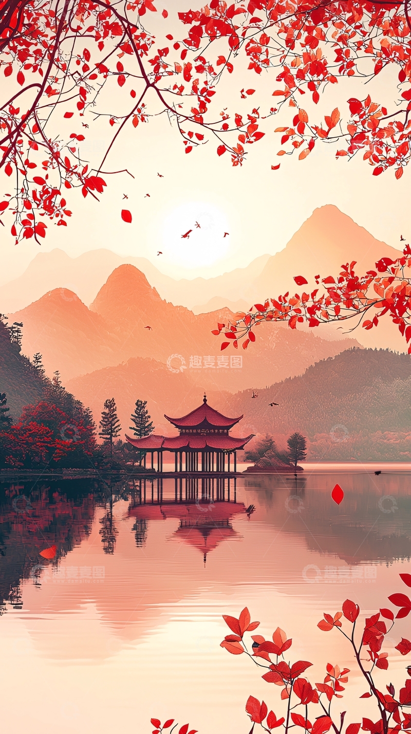 高清大图下载【趣麦麦图】红色枫叶下的中式建筑