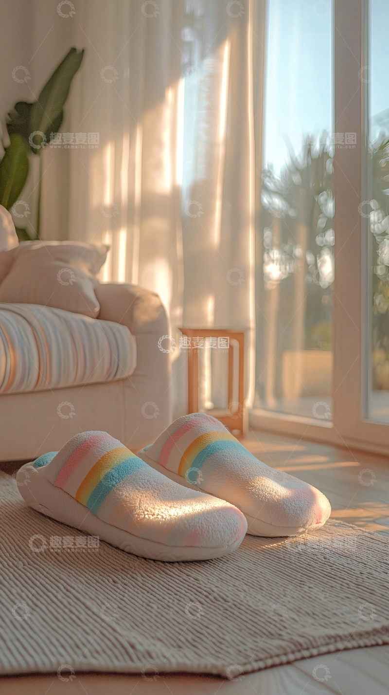 高清大图下载【趣麦麦图】阳光洒满房间的彩虹拖鞋