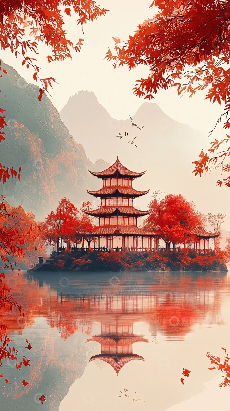 高清大图下载【趣麦麦图】红枫叶下的湖边宝塔