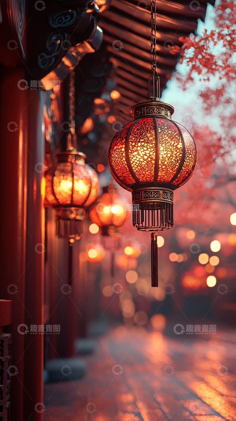 高清大图下载【趣麦麦图】红色灯笼下的古建筑街景
