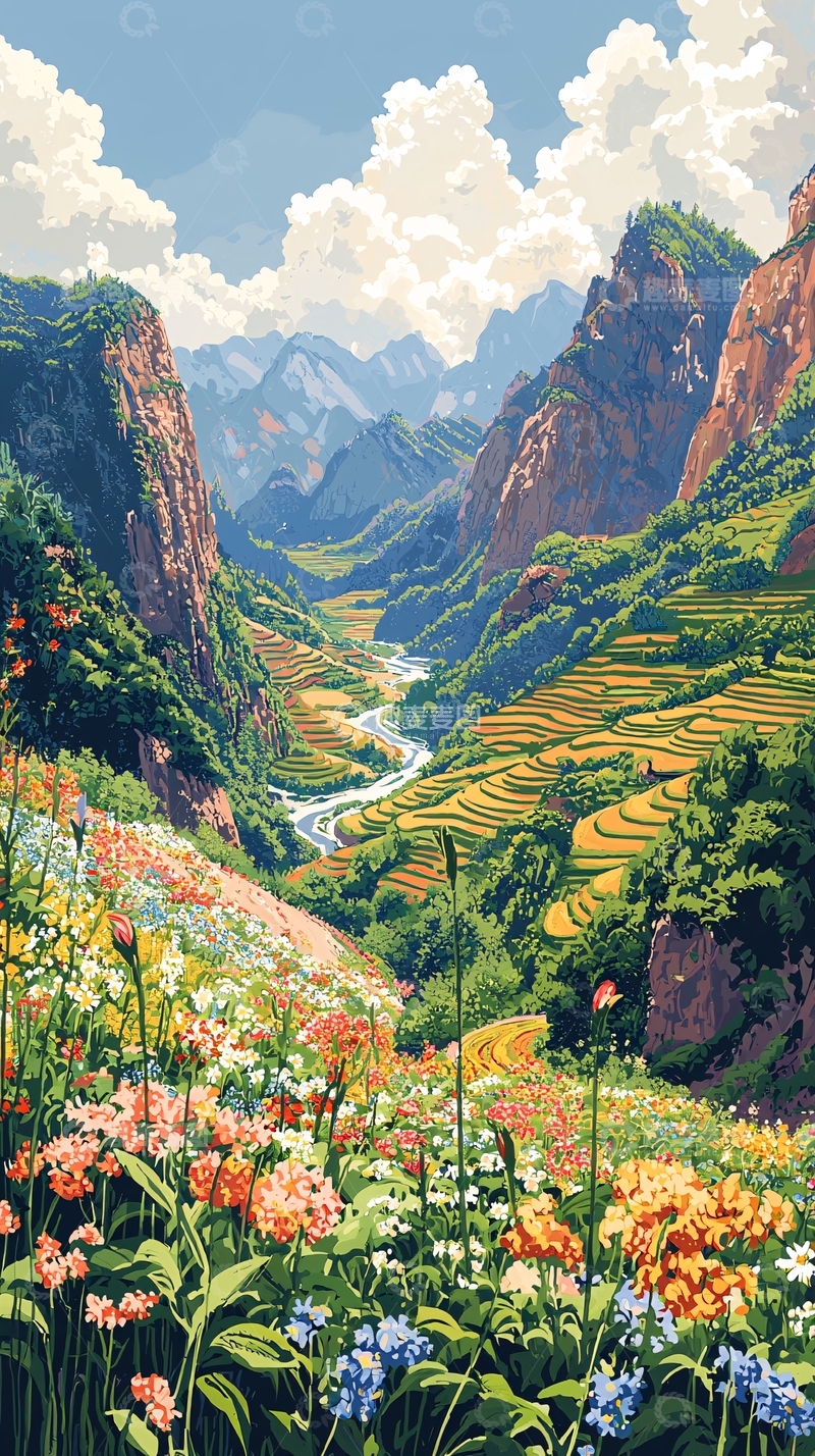高清大图下载【趣麦麦图】山谷花田的唯美画风