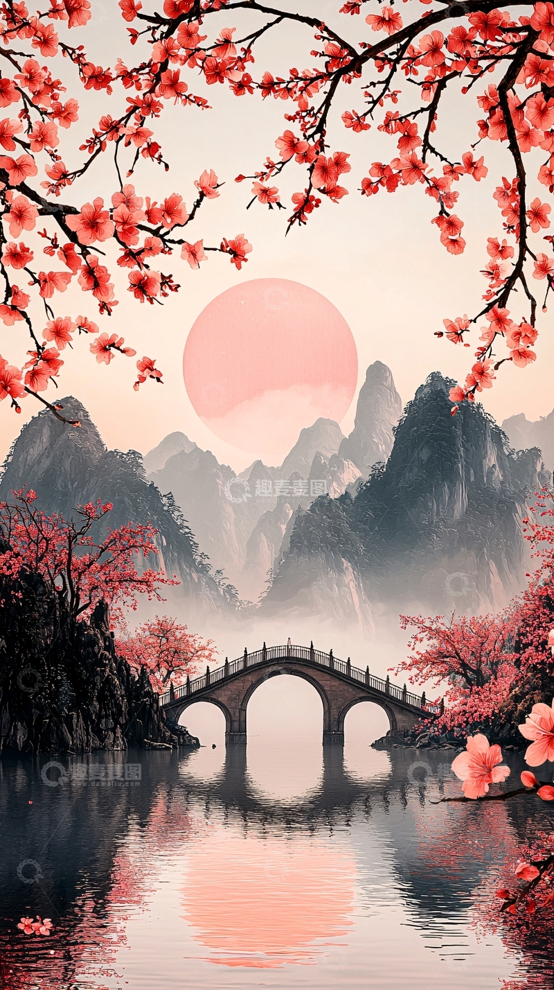 高清大图下载【趣麦麦图】粉色樱花山水