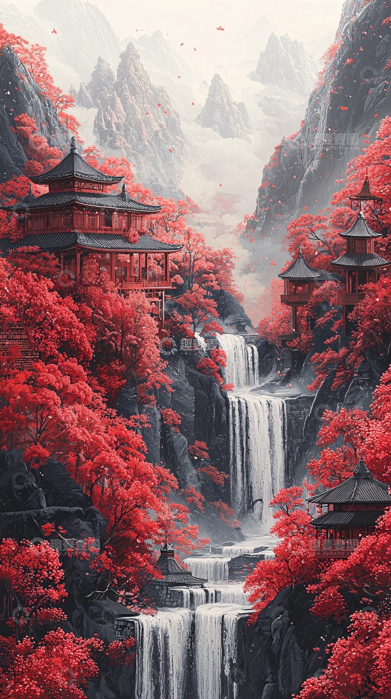 高清大图下载【趣麦麦图】红叶山谷瀑布寺庙