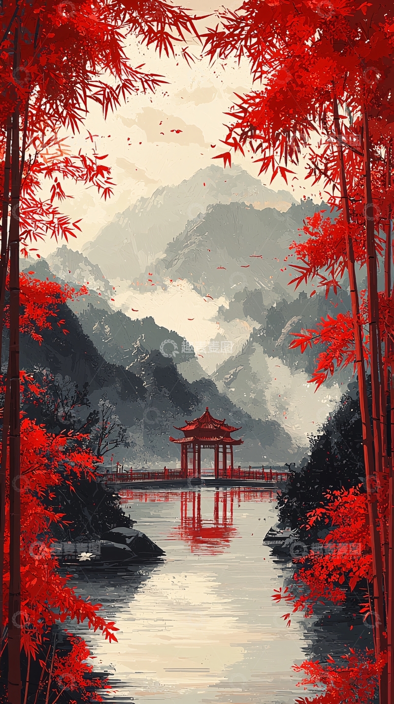 高清大图下载【趣麦麦图】红色竹林亭台山水画意