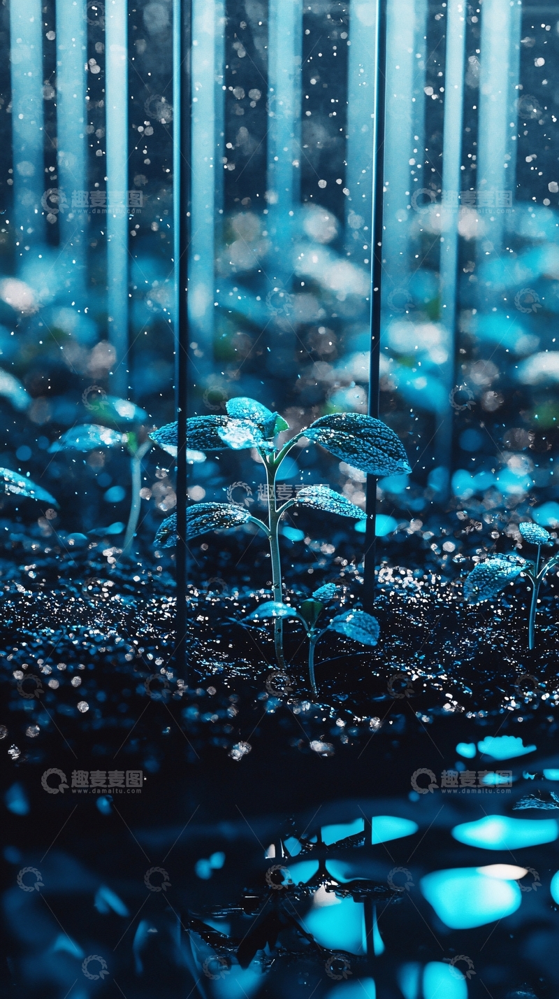 高清大图下载【趣麦麦图】蓝色光线下的幼苗