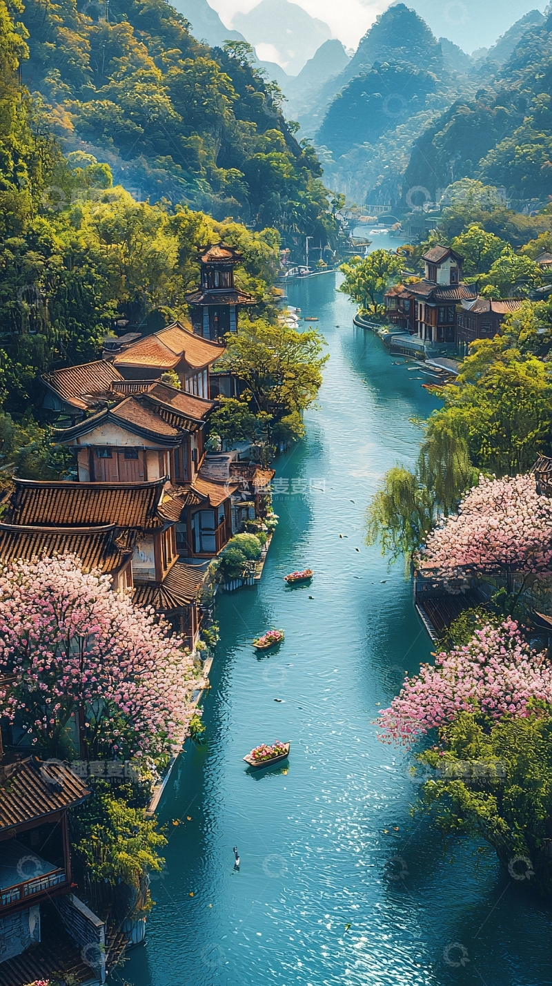 高清大图下载【趣麦麦图】青山绿水间的古镇小河