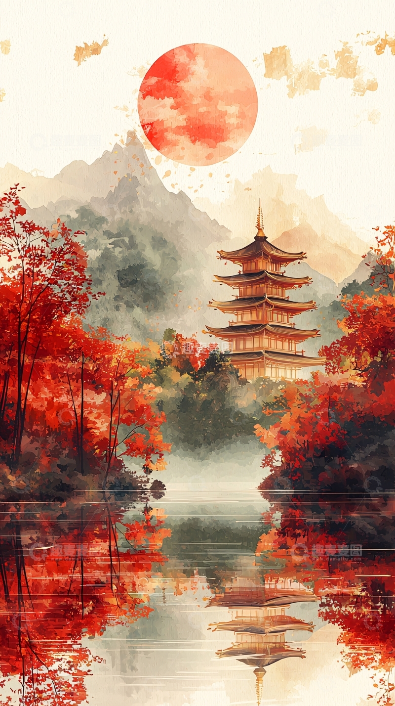 高清大图下载【趣麦麦图】红日秋景山水寺庙