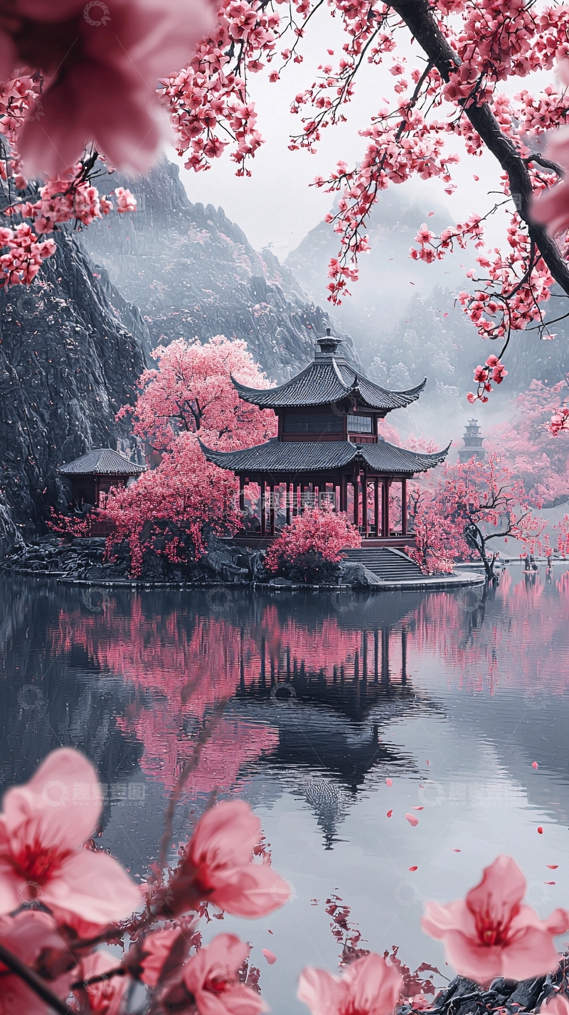高清大图下载【趣麦麦图】樱花围绕的中国古建筑