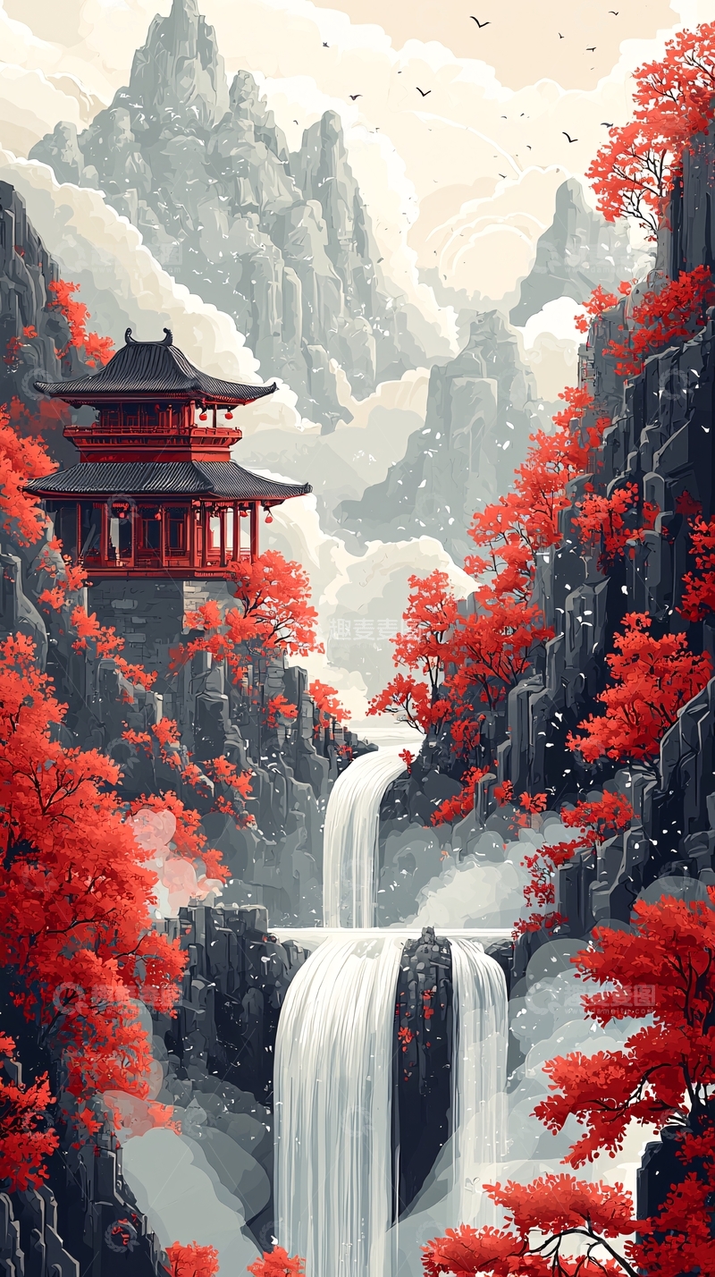 高清大图下载【趣麦麦图】红叶瀑布山间庙宇