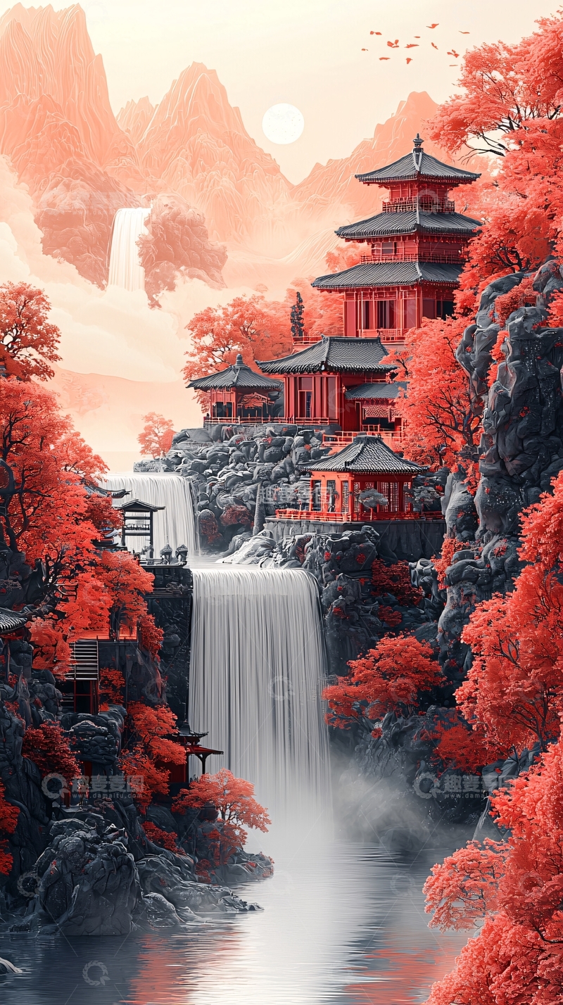 高清大图下载【趣麦麦图】山间瀑布古建筑