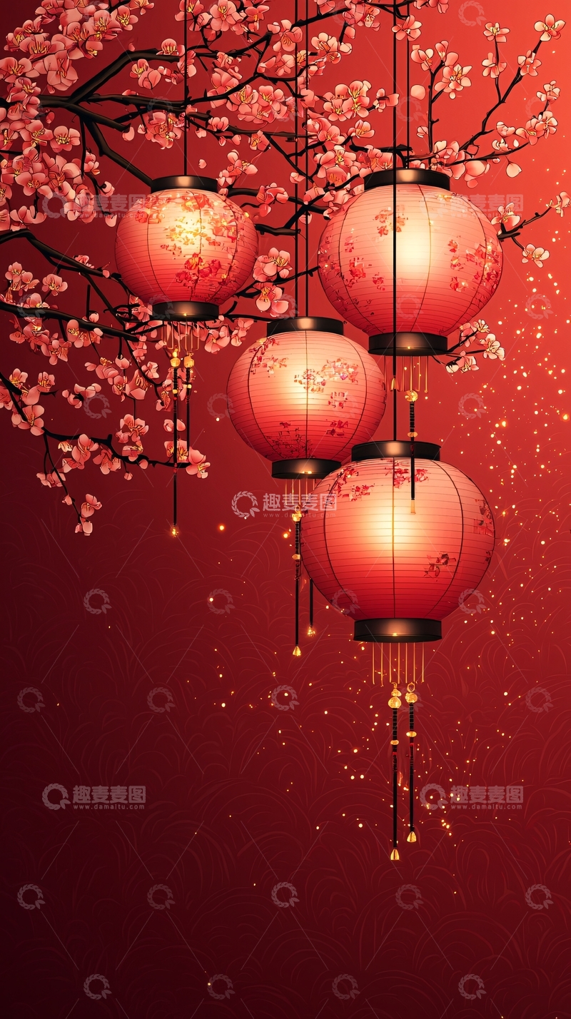高清大图下载【趣麦麦图】红色灯笼与梅花交相辉映