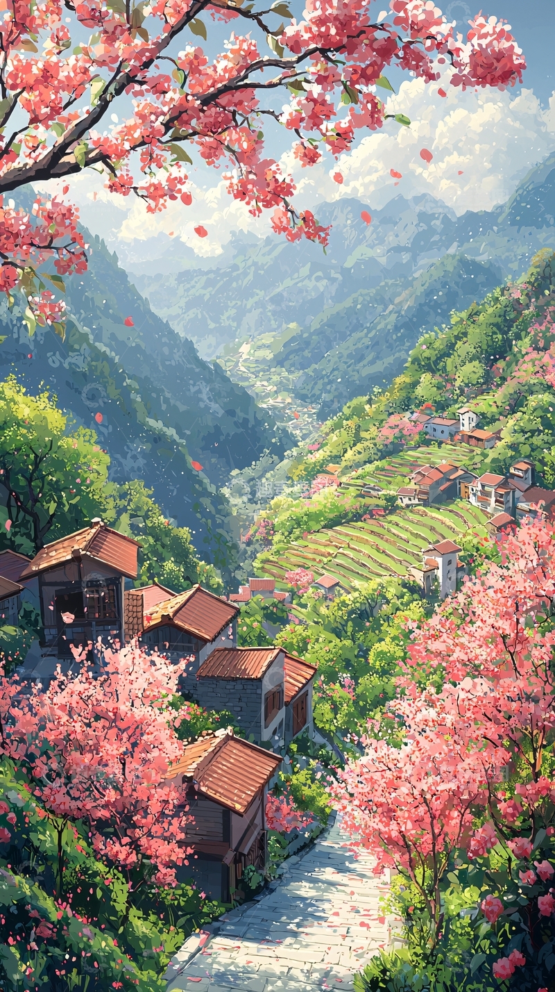 高清大图下载【趣麦麦图】粉色樱花环绕的山间村落