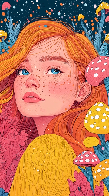 红发女孩蘑菇梦幻插画