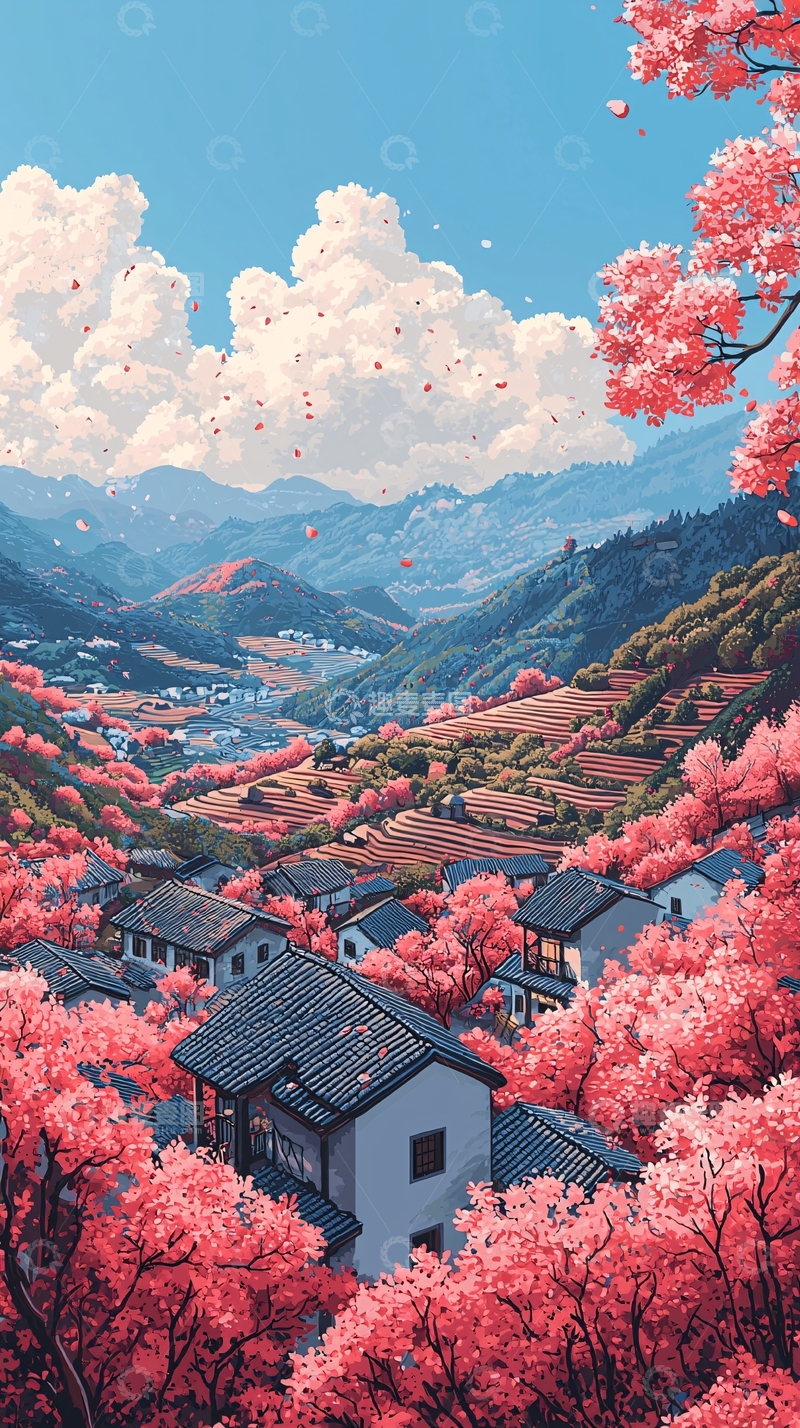 高清大图下载【趣麦麦图】粉色花海中的村庄