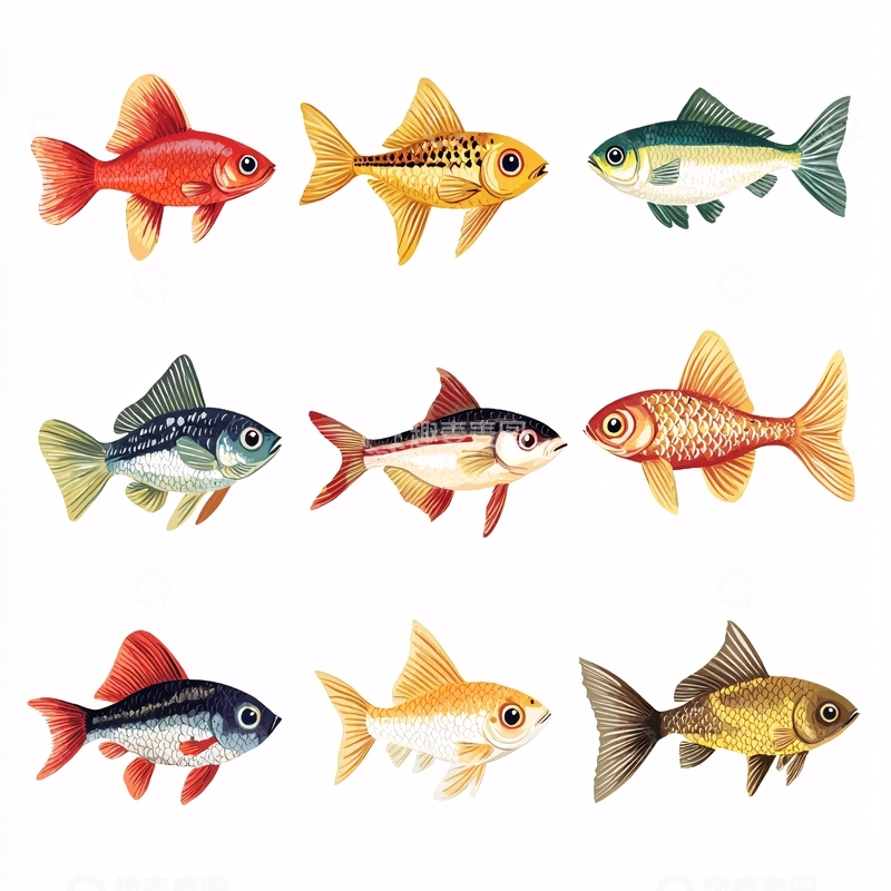 高清大图下载【趣麦麦图】彩色手绘卡通鱼类图案
