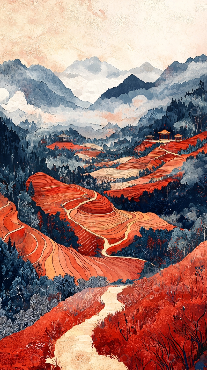 高清大图下载【趣麦麦图】红色梯田山水风景画