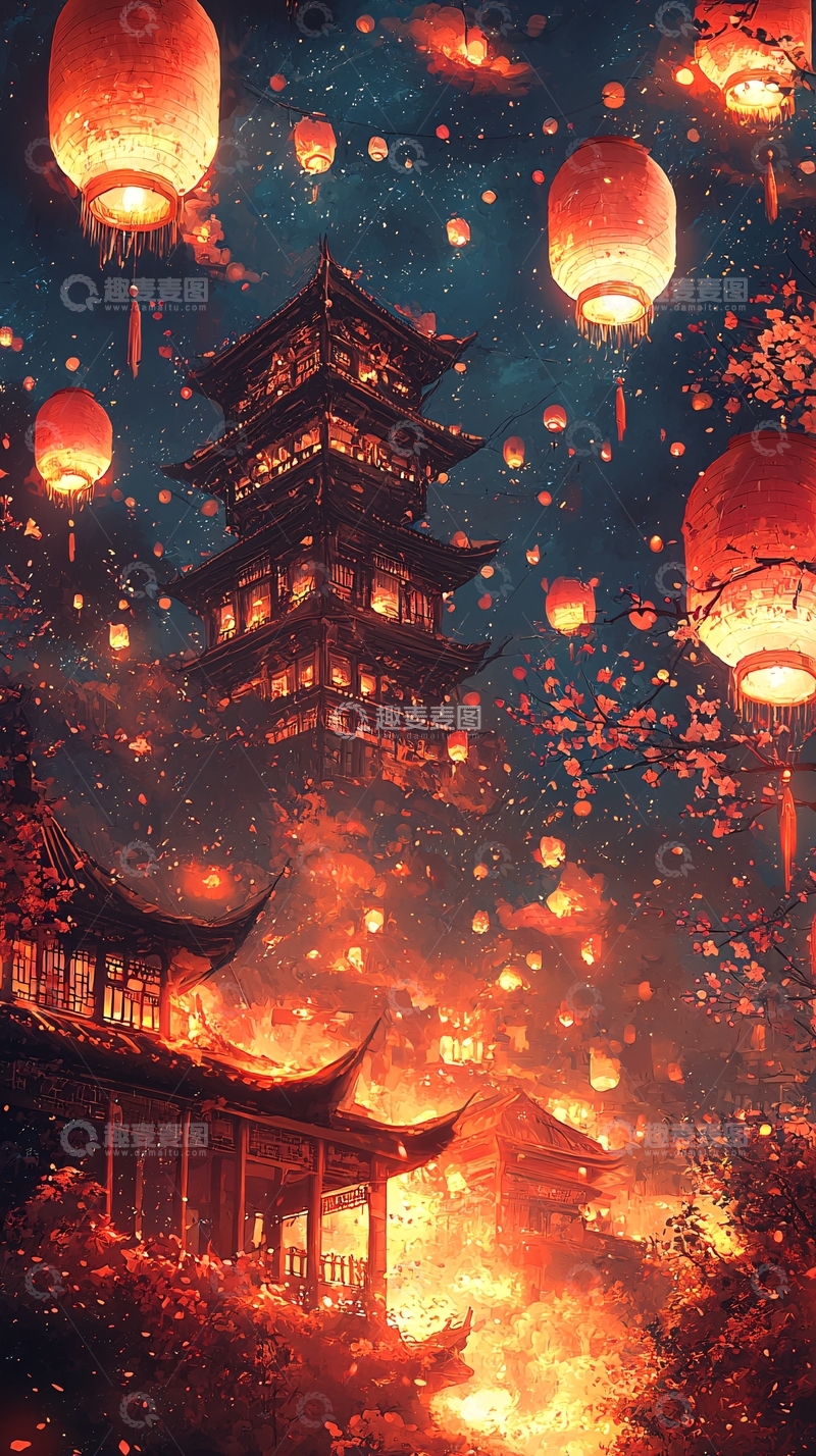 高清大图下载【趣麦麦图】灯笼映照下的古风建筑夜景