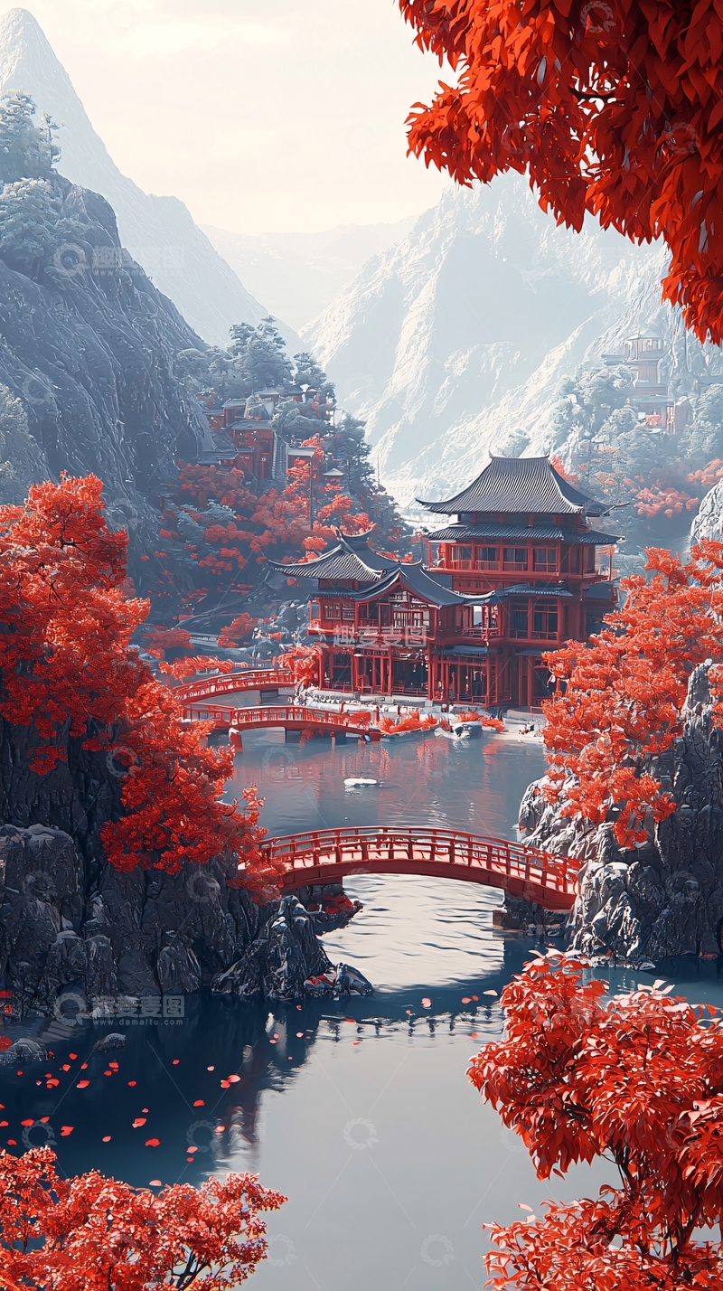 高清大图下载【趣麦麦图】红枫寺庙山水画