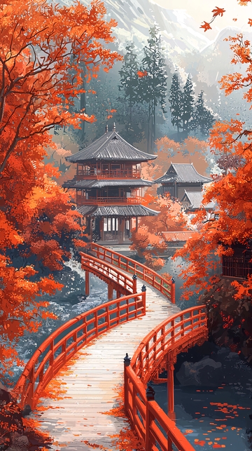 秋日古寺红叶如火