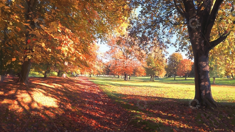 高清大图下载【趣麦麦图】秋日公园阳光洒满落叶小路