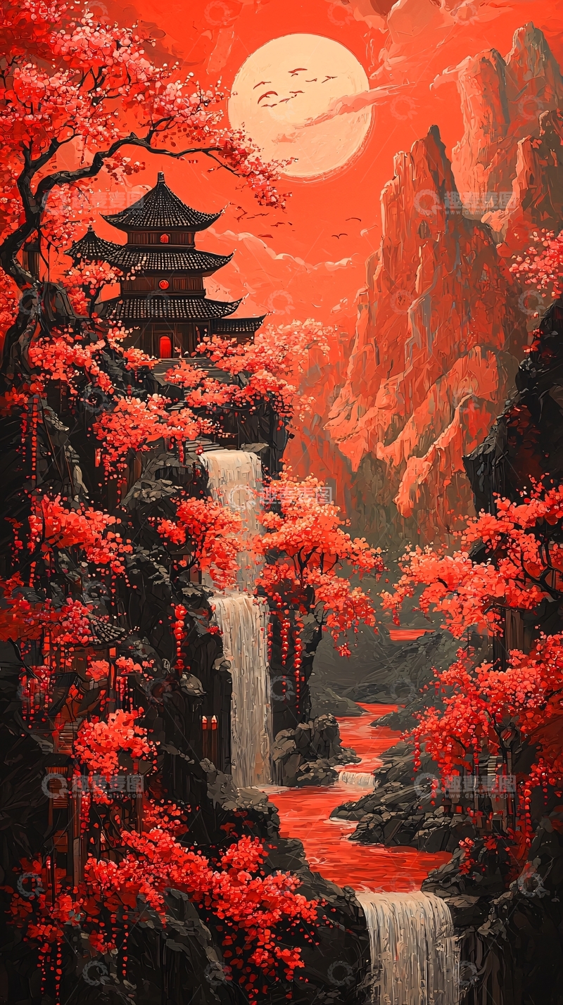 高清大图下载【趣麦麦图】红枫山寺瀑布夜景