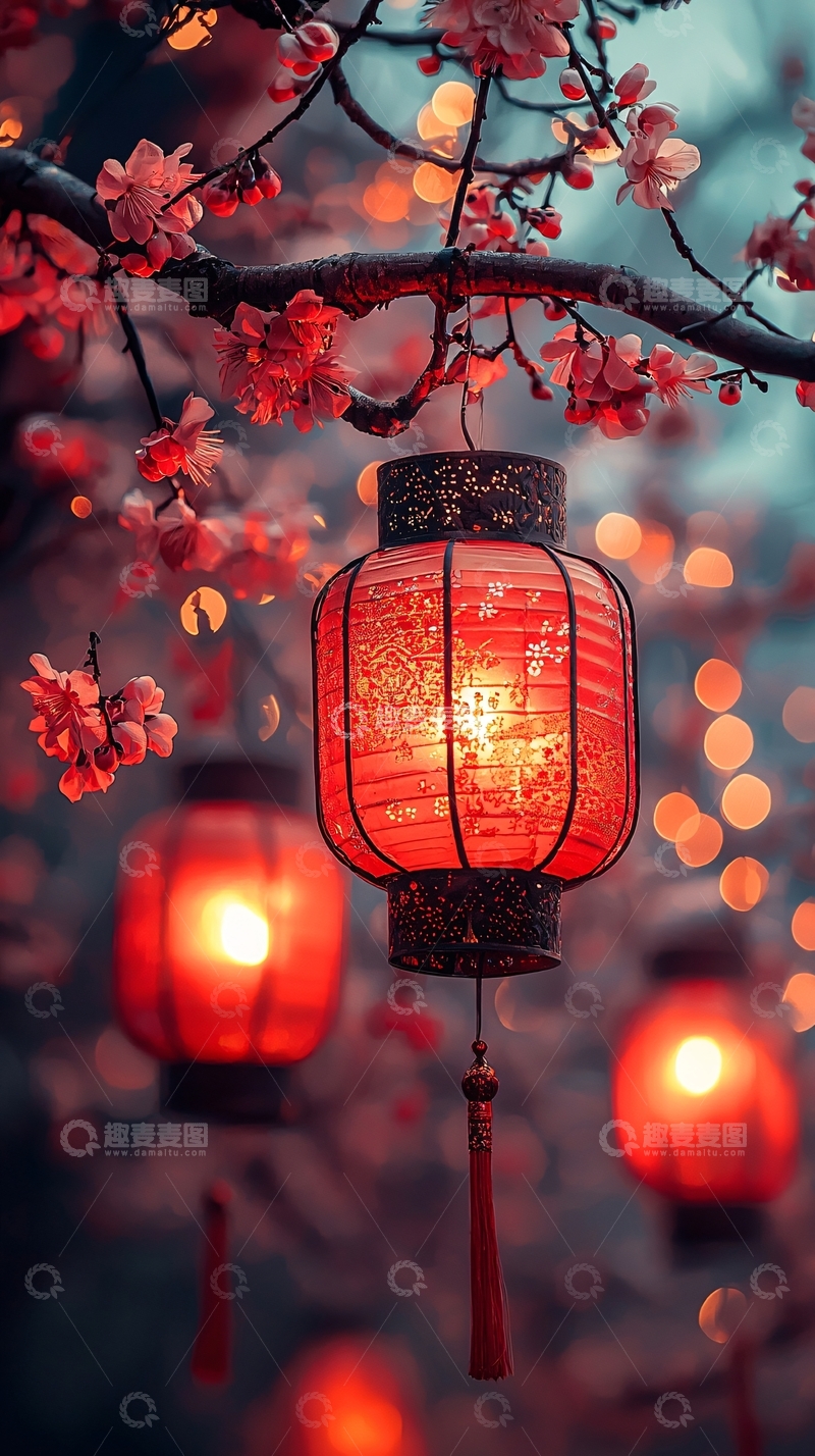 高清大图下载【趣麦麦图】红色灯笼和梅花盛开的枝条