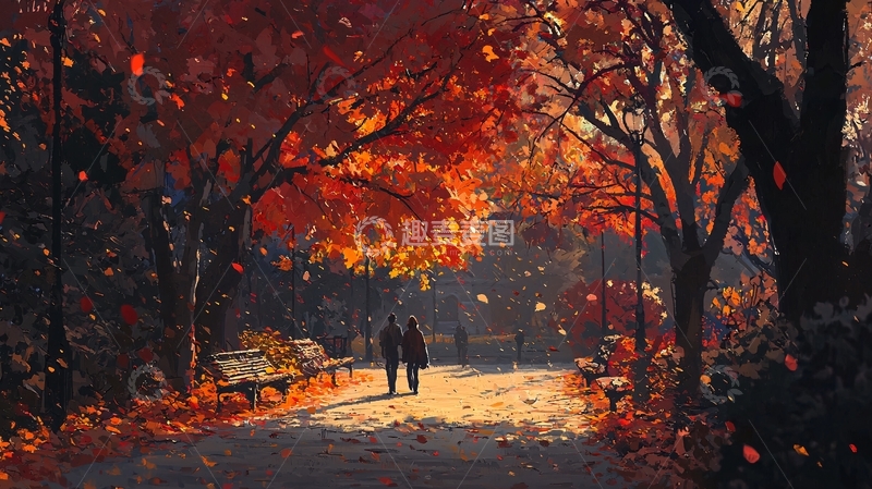 高清大图下载【趣麦麦图】秋日红叶小路情侣漫步
