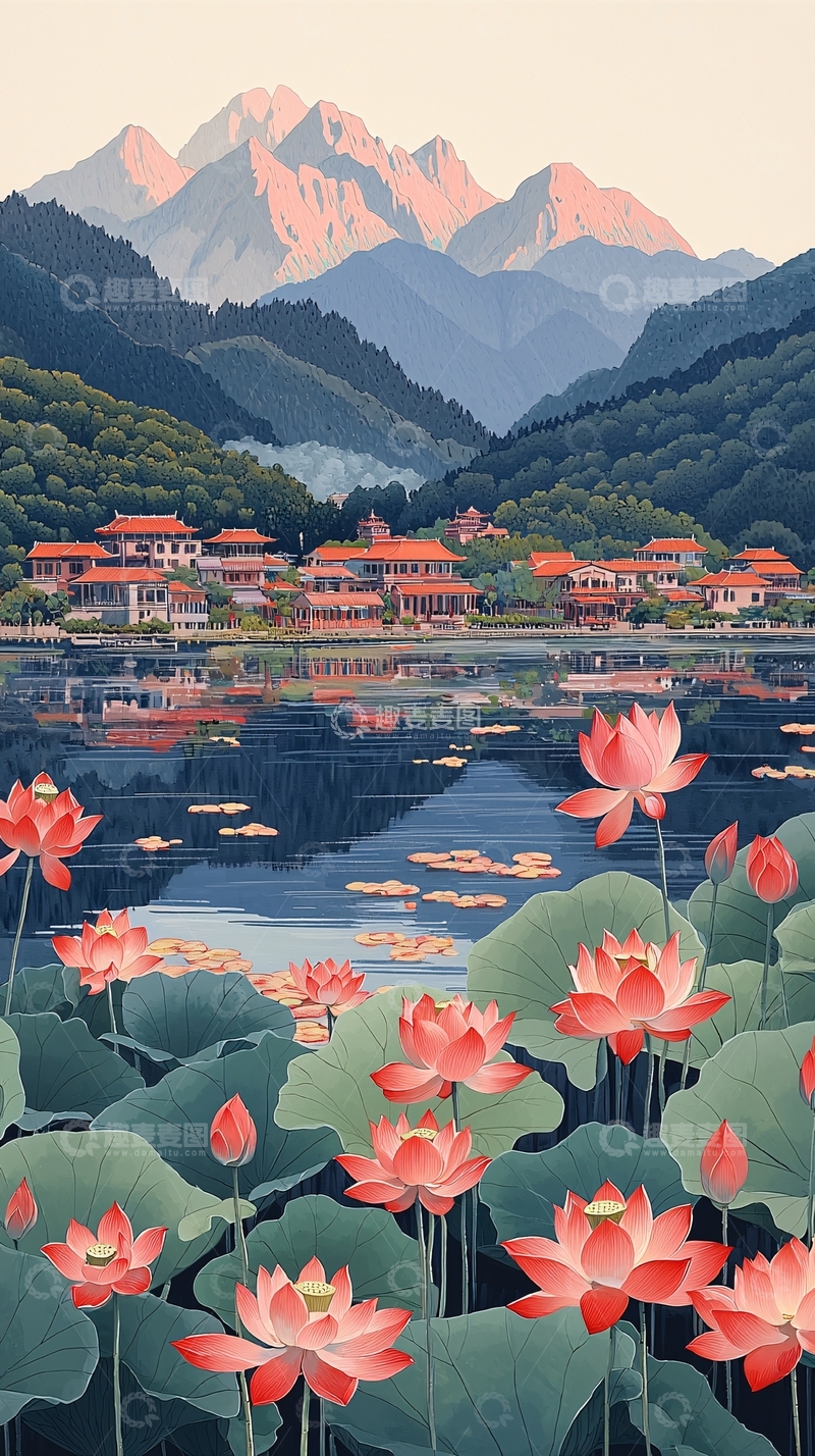 高清大图下载【趣麦麦图】水面荷花倒影建筑山峰