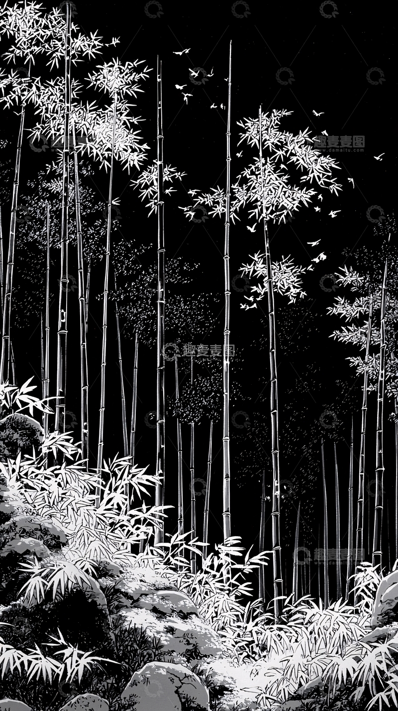 高清大图下载【趣麦麦图】黑白竹林飞鸟