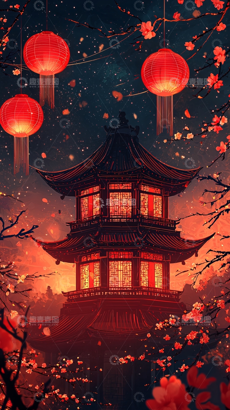 高清大图下载【趣麦麦图】中式建筑红灯笼夜景