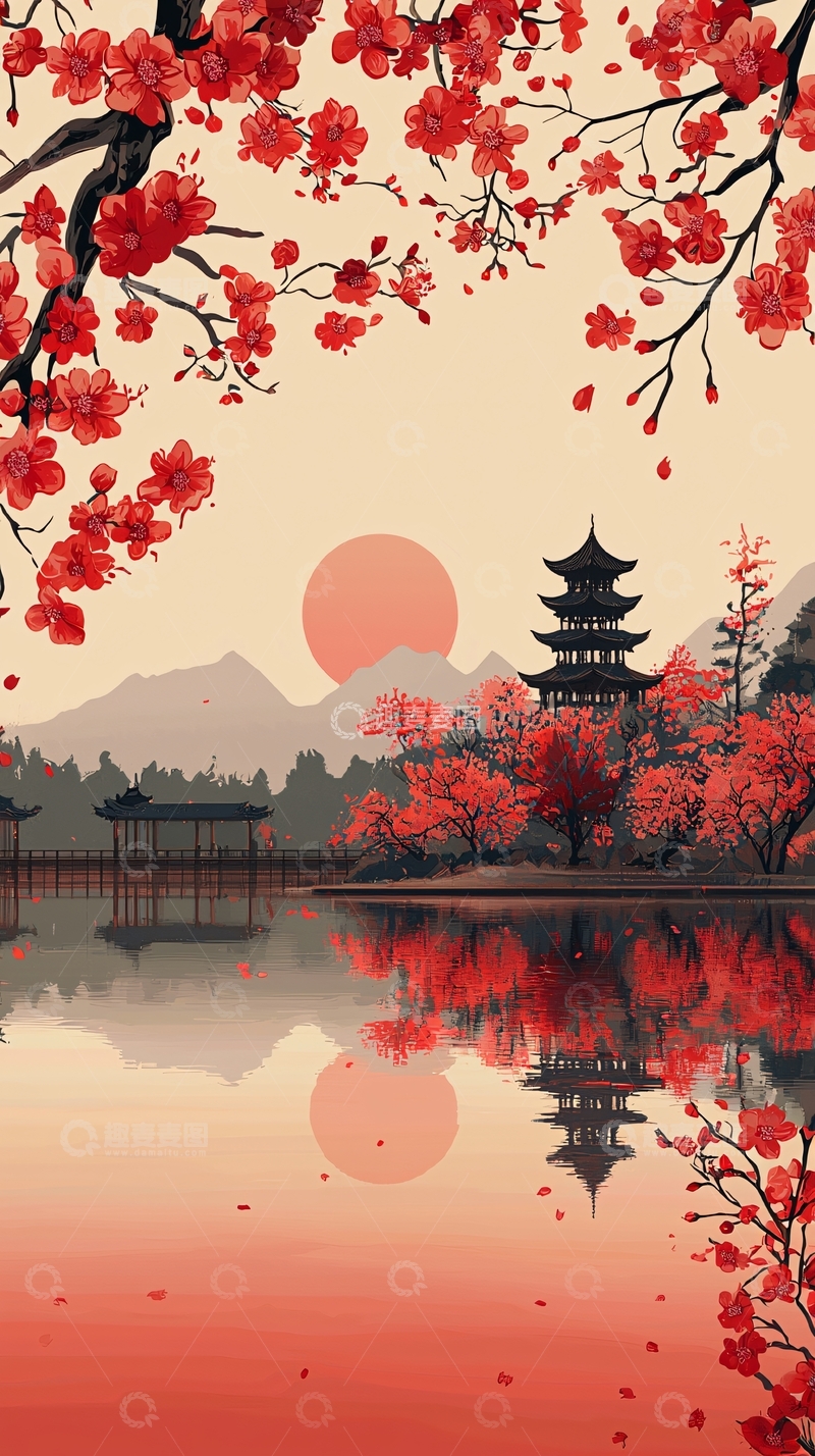 高清大图下载【趣麦麦图】红色花朵映衬下的古风建筑