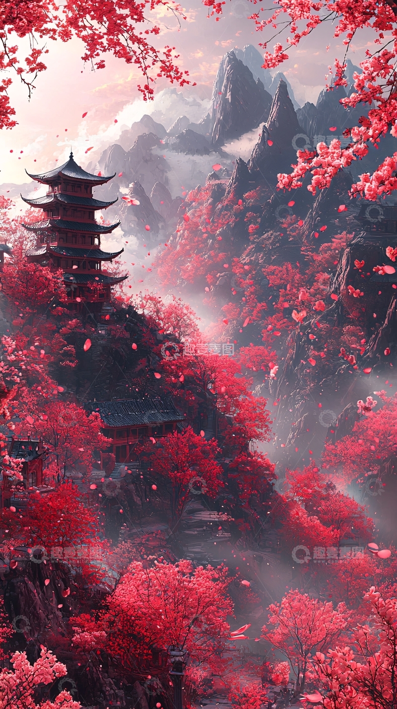 高清大图下载【趣麦麦图】红叶山峰古塔仙境