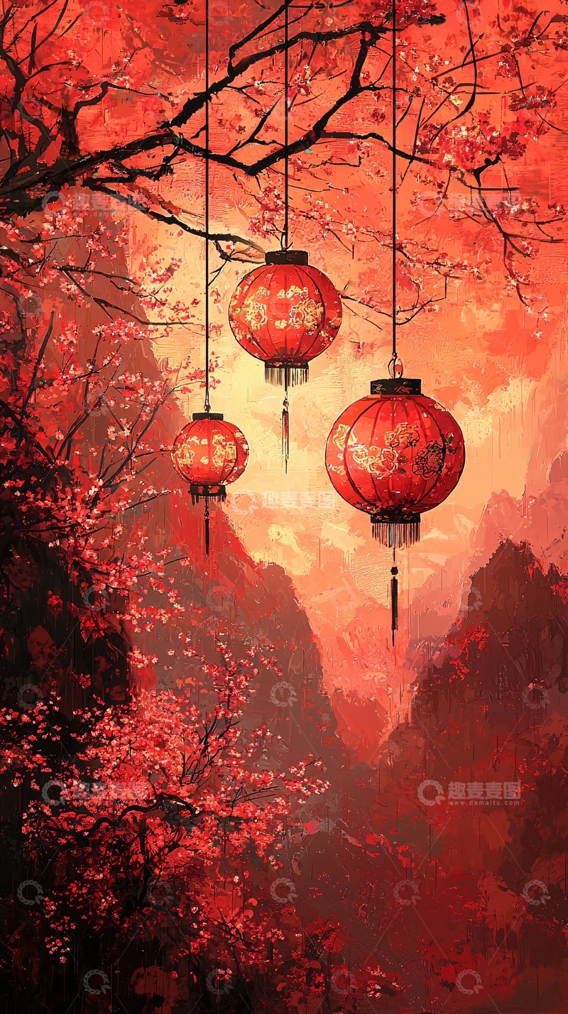 高清大图下载【趣麦麦图】红色灯笼挂在树上