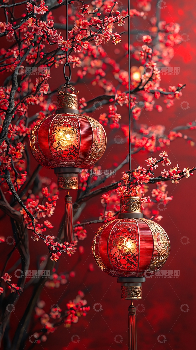 高清大图下载【趣麦麦图】红色灯笼梅花树背景