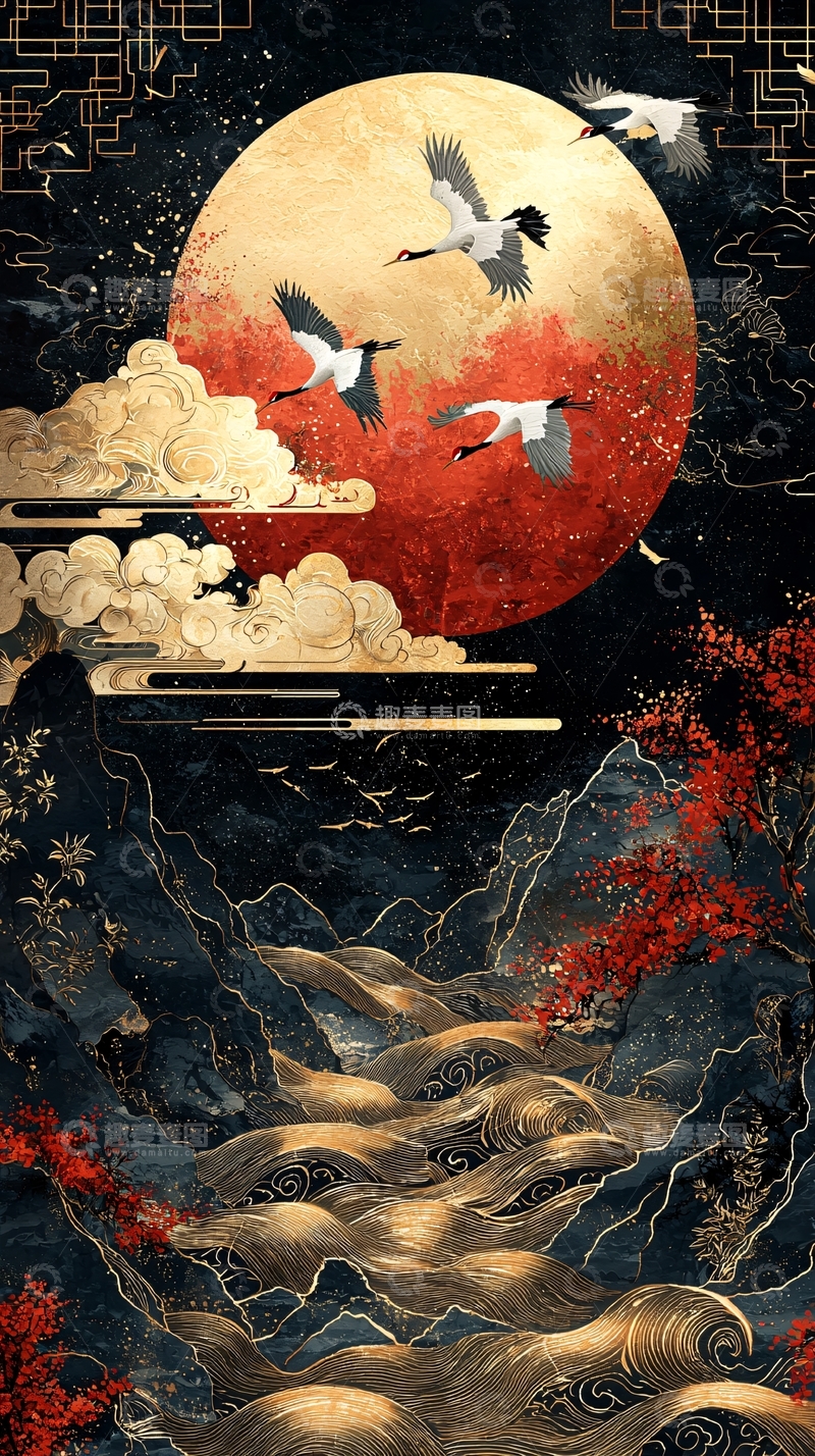 高清大图下载【趣麦麦图】水墨风仙鹤红日山水画