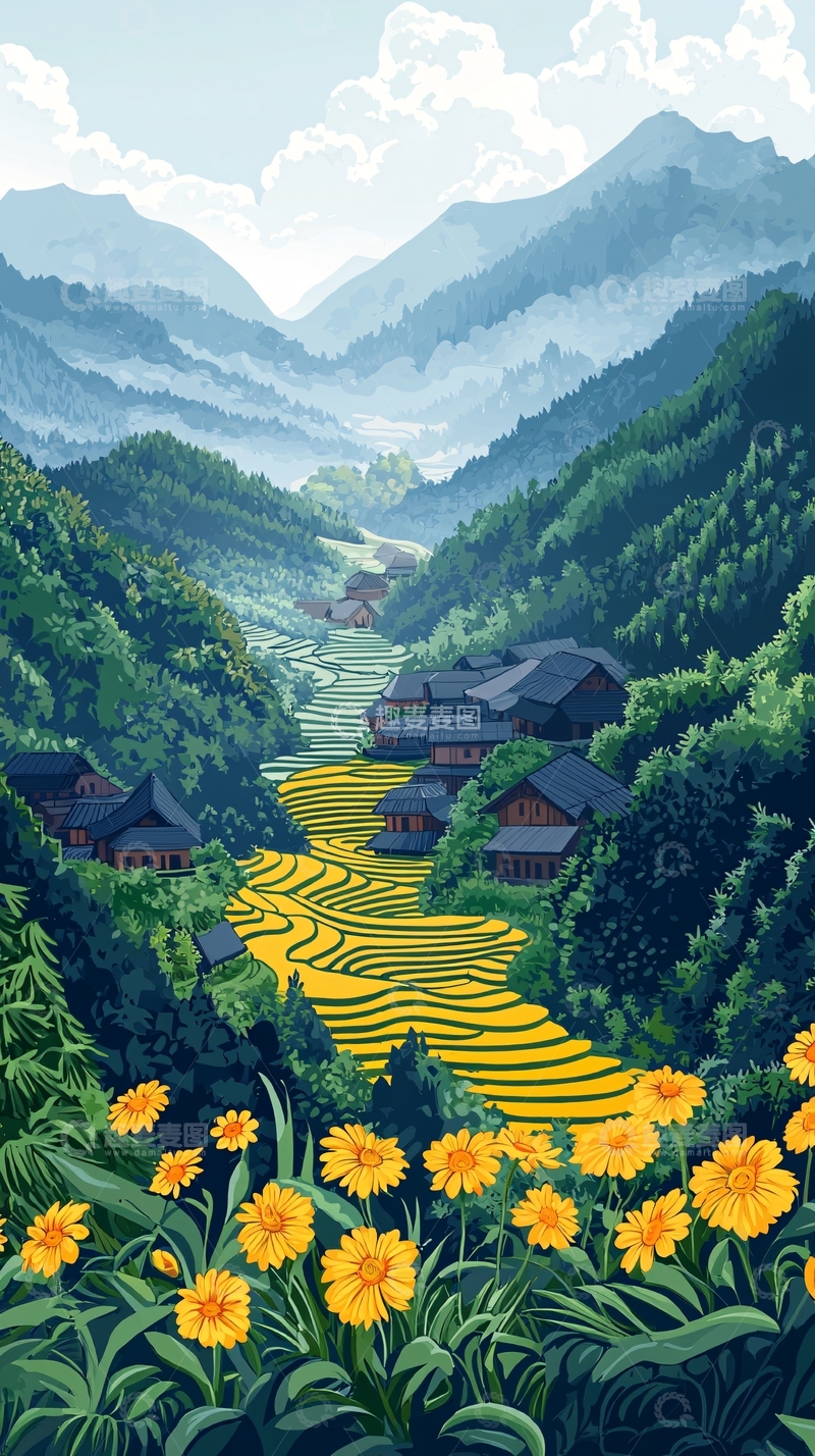 高清大图下载【趣麦麦图】山谷梯田村庄风景