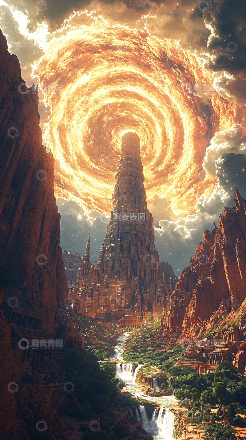 高清大图下载【趣麦麦图】火焰漩涡中的高塔