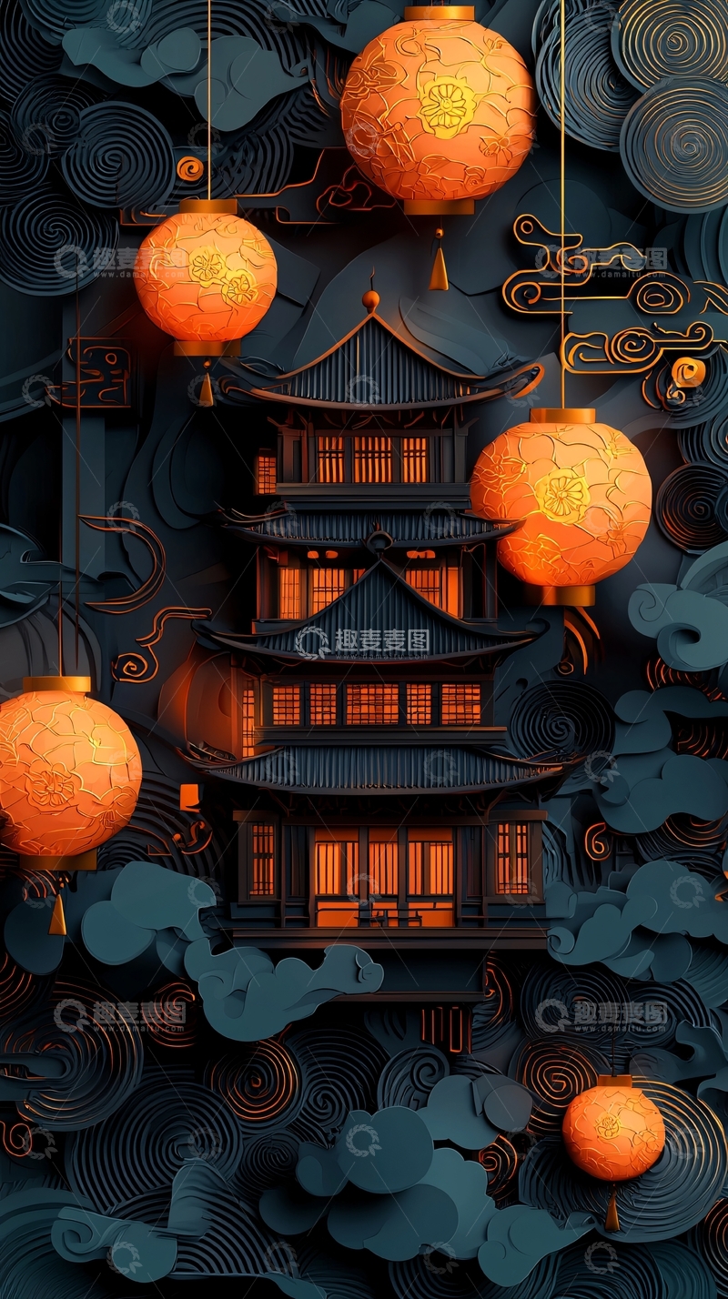 高清大图下载【趣麦麦图】喜庆的中国风建筑与灯笼
